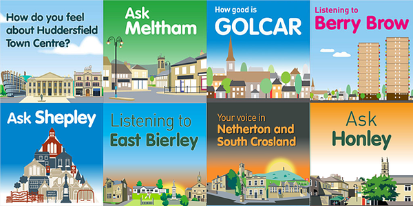 A series of 8 graphics showing different places in Kirkless and the names of conversations that have happened there e.g. 'Ask Shepley'