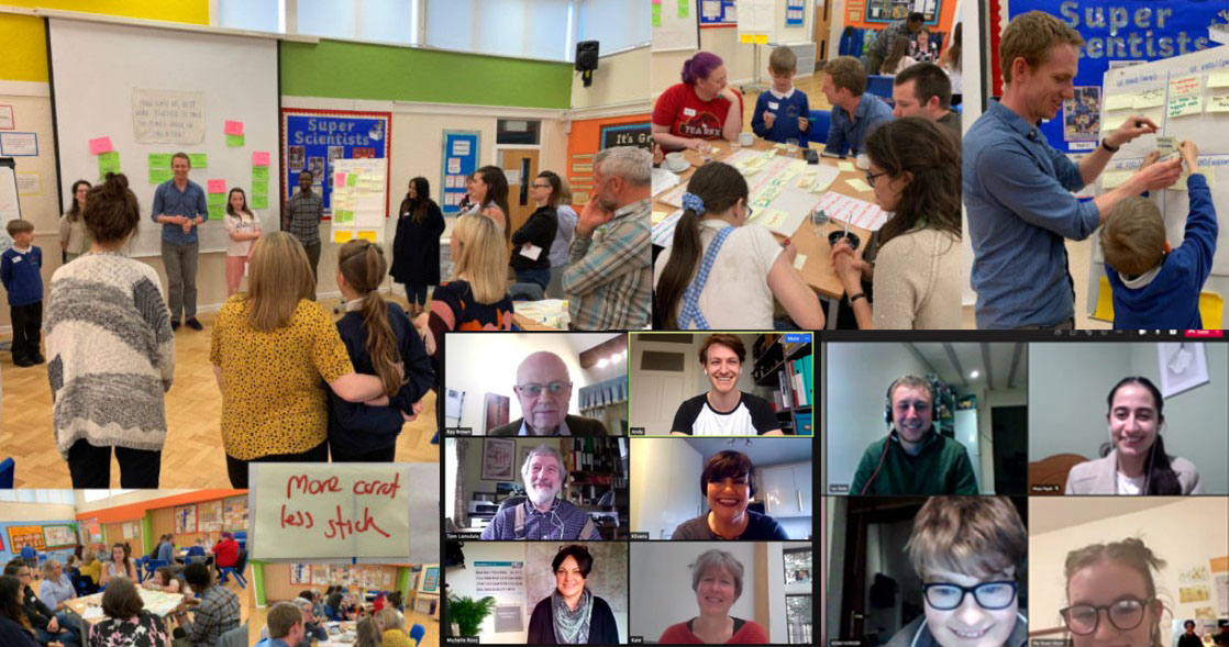 A montage of workshops held in Kirklees, including workshops in primary schools and screenshots of online calls